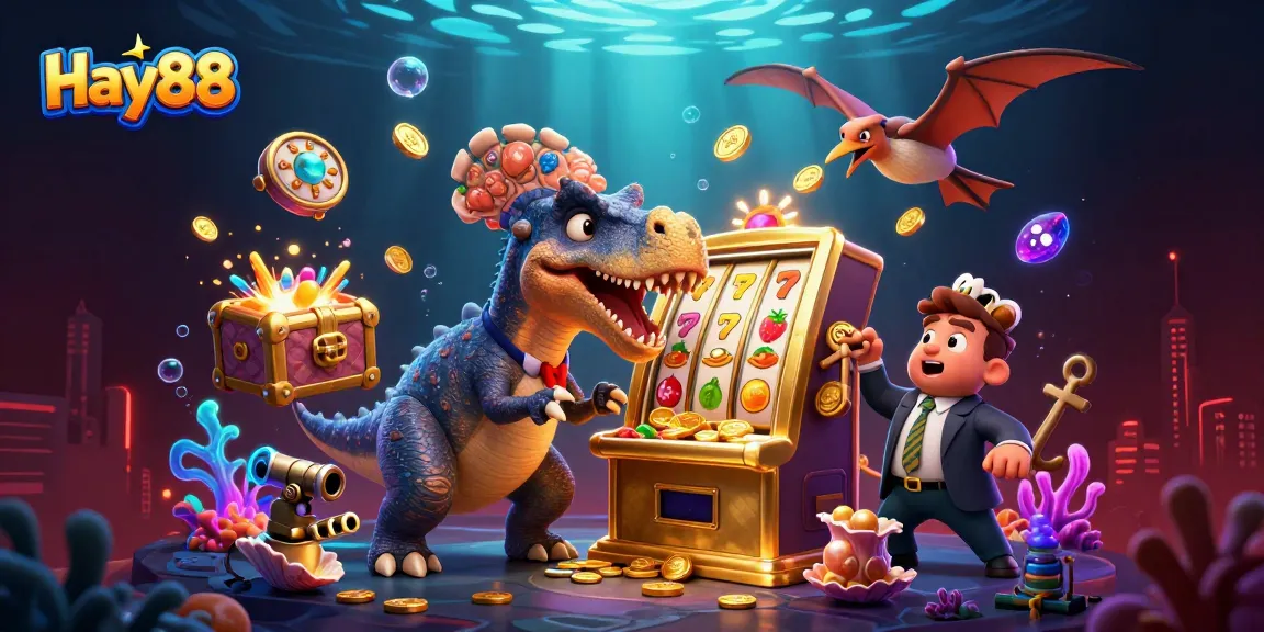 Hay88 casino illustration featuring cartoon characters and a golden slot machine with jackpot coins.