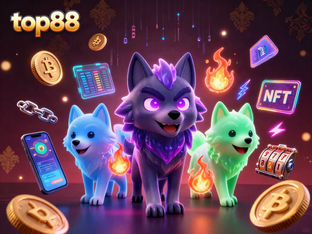 Engage in top88 slot games with vivid 3D cartoon wolves and vibrant crypto elements!