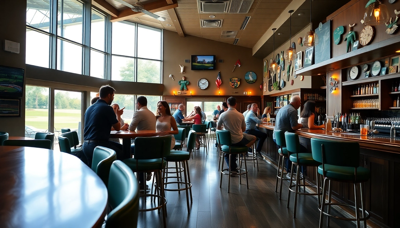 Patrons enjoying drinks at a vibrant Bar in a golf facility, creating a welcoming atmosphere.