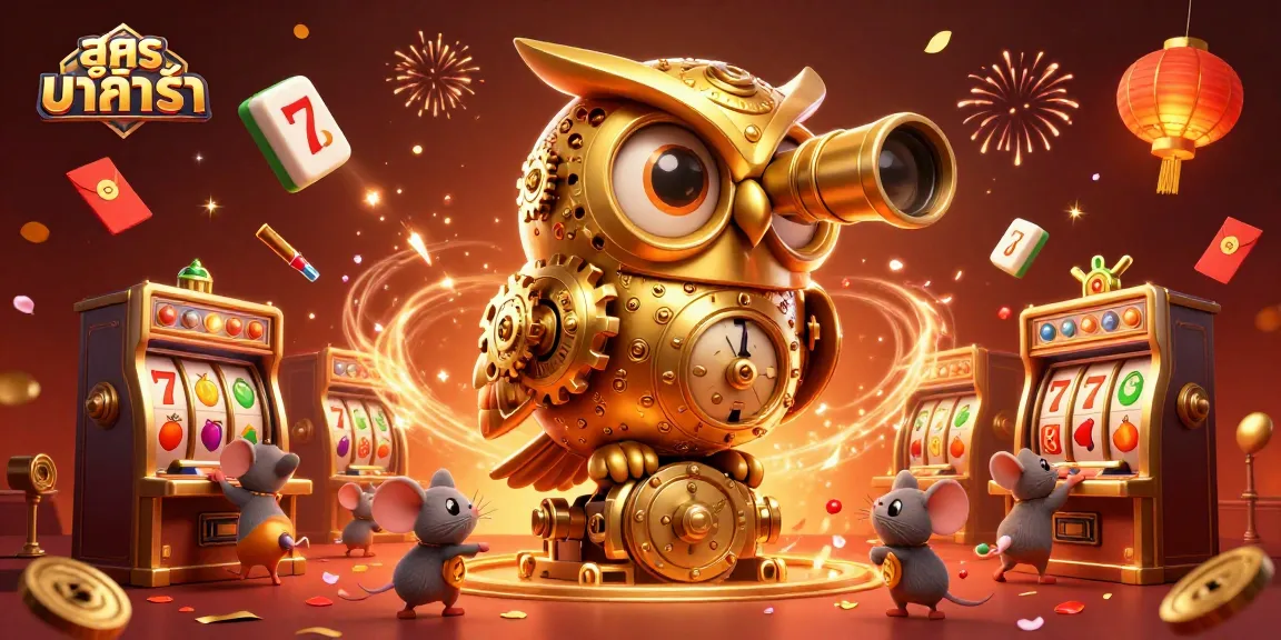 Spin to win with สูตร บา ค่า ร่า as a golden owl oversees slot machines in a bustling casino.