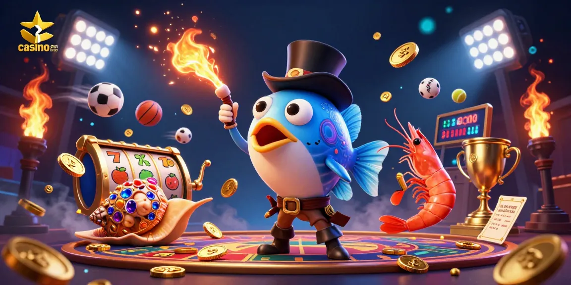 Illustration dynamique avec un poisson-lanterne en haut-de-forme, attirant des pièces d'or sur un casino en ligne.