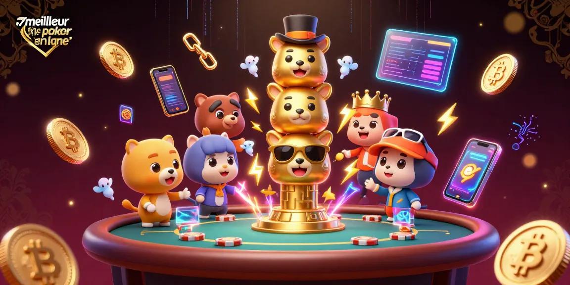 Les joueurs explorent le meilleur site de poker en ligne à travers une table animée, entourés de pièces de crypto-monnaies et d'effets lumineux.