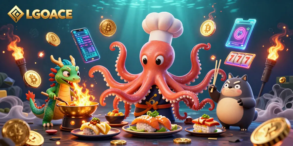 LGOACE showcases a dynamic casino scene with characters and slot elements amidst vibrant crypto visuals.