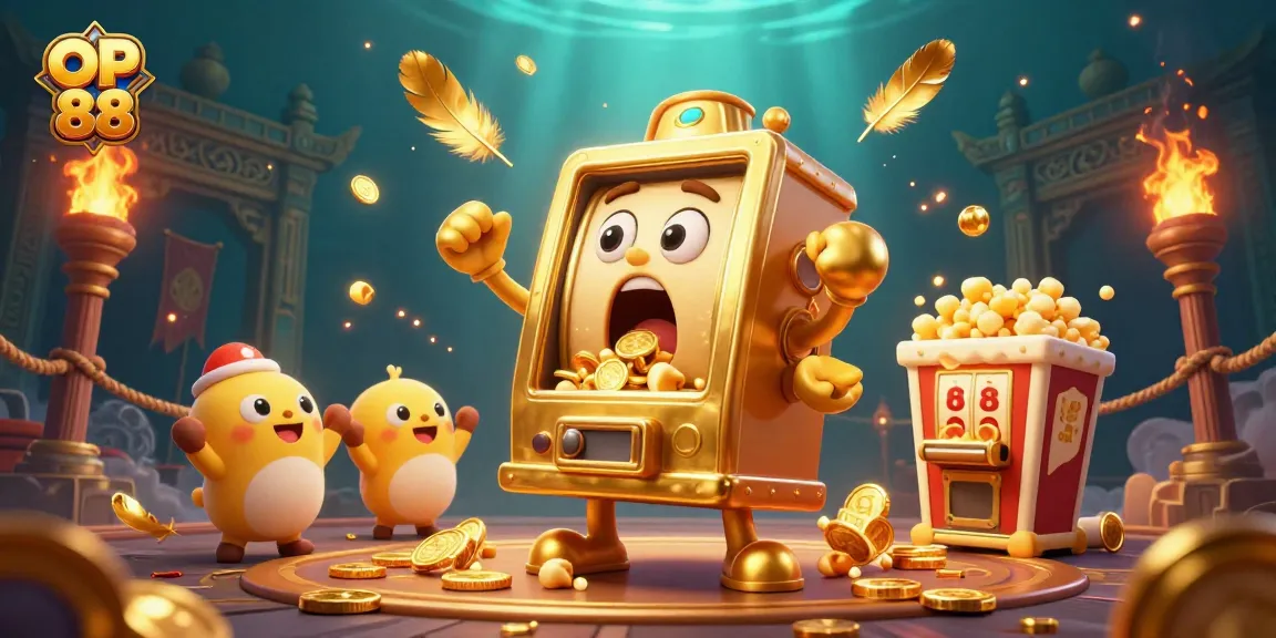 Engage with OP 88's exhilarating slot experience as the golden slot machine celebrates its jackpot surrounded by cheering friends.