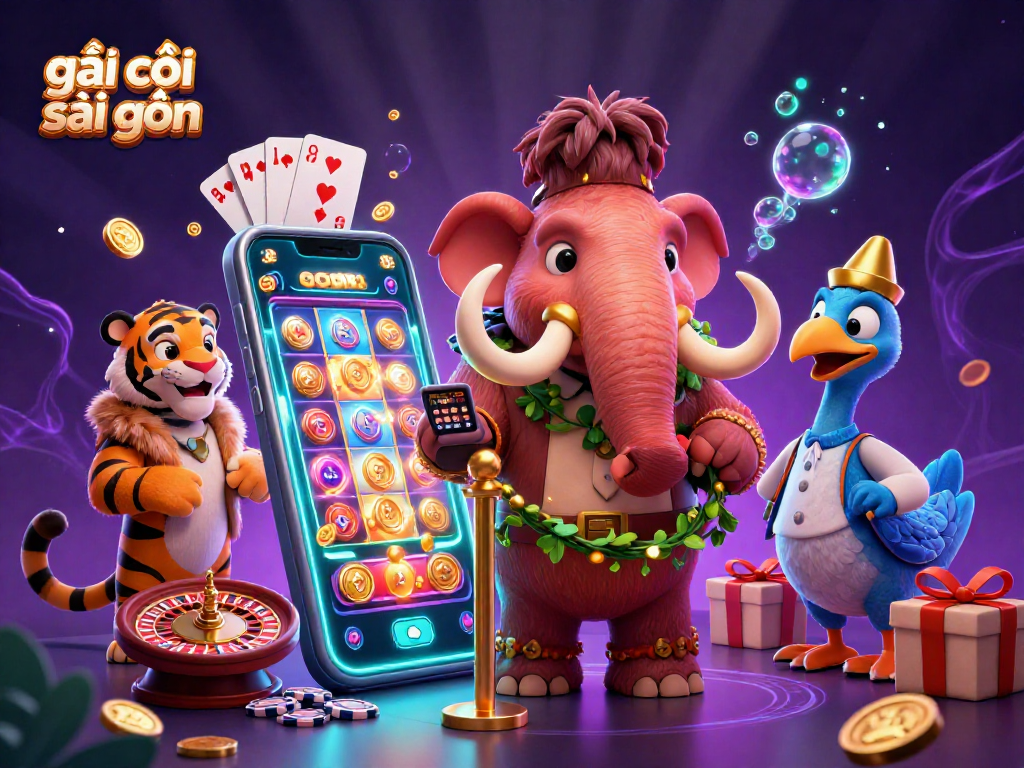 Engaging 3D casino illustration featuring a woolly mammoth bouncer, a saber-tooth tiger VIP, and a dodo bird doorman, emphasizing gái gọi sài gòn.