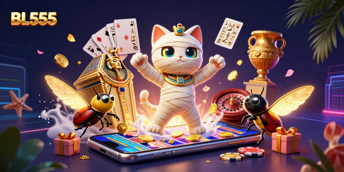 Engage in thrilling slots at BL555 as the Egyptian mummy cat bursts from a sarcophagus amidst vibrant casino elements.