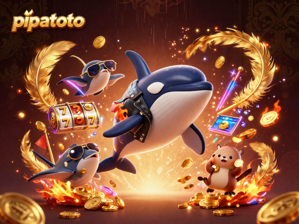 Pipatoto casino scene showcasing orca, stingray, and otters with coins in a vibrant gambling environment.