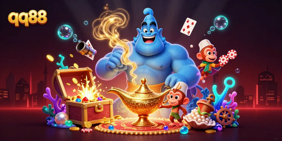 Engage in thrilling moments at QQ88 with a powerful genie, poker chips, and vibrant casino elements