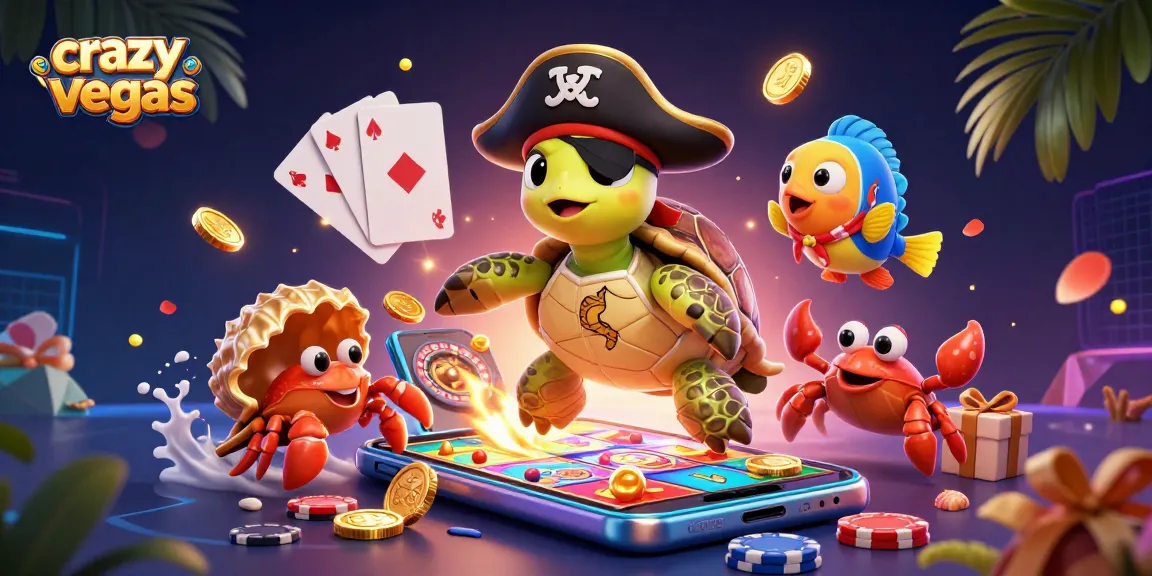 Play slots with crazyvegas's pirate turtle in a vibrant, treasure-filled underwater scene.