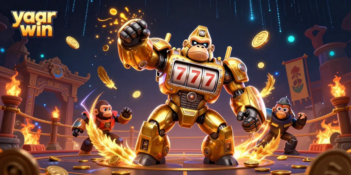 Engage with yaar win at the dynamic casino, featuring a golden gorilla mech and a thrilling atmosphere.