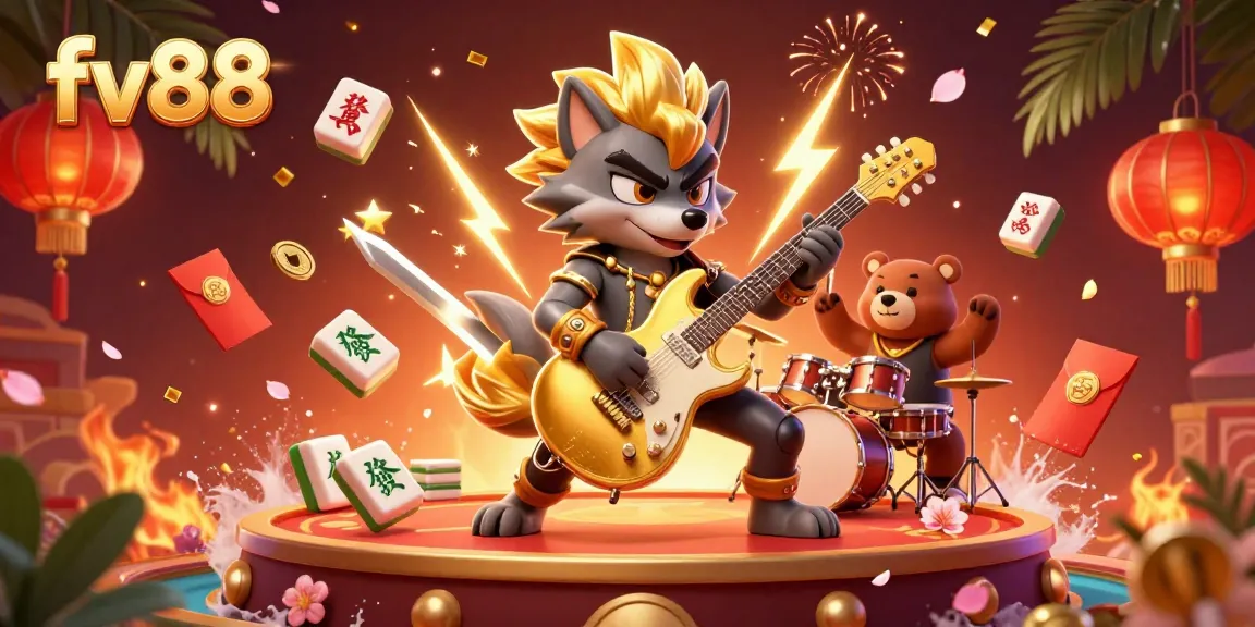 Experience the excitement at fv88 with a lively casino scene featuring renowned characters and festive game elements.