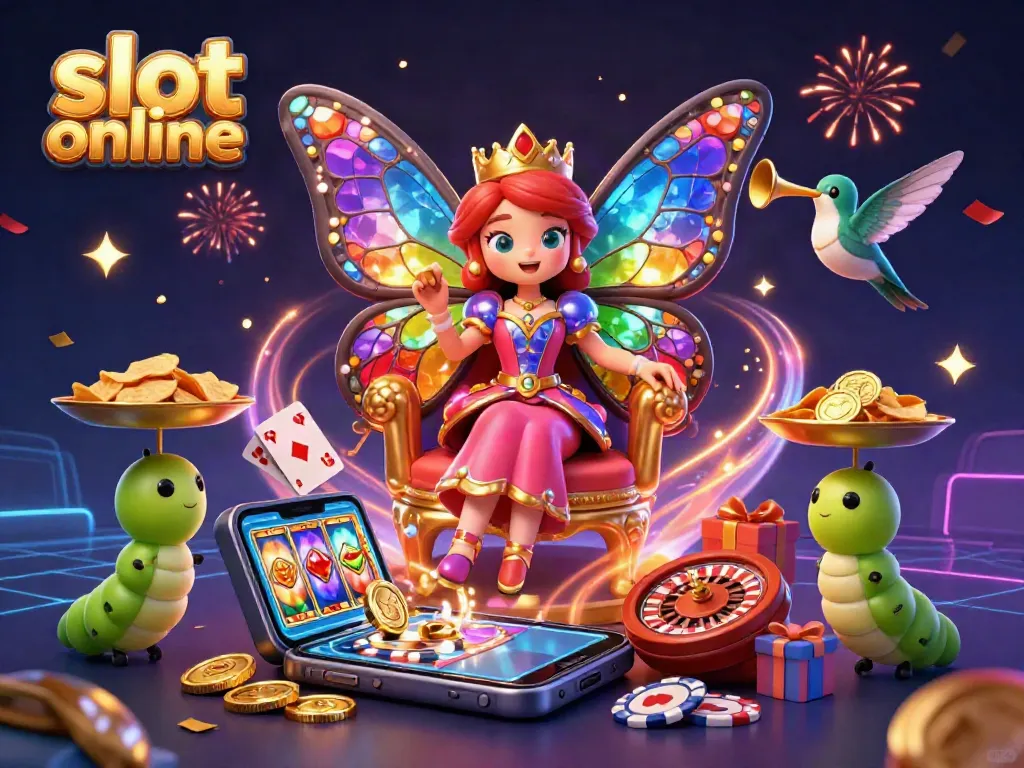 Experience engaging slot online action with a vibrant 3D scene of a butterfly queen and dynamic casino elements.