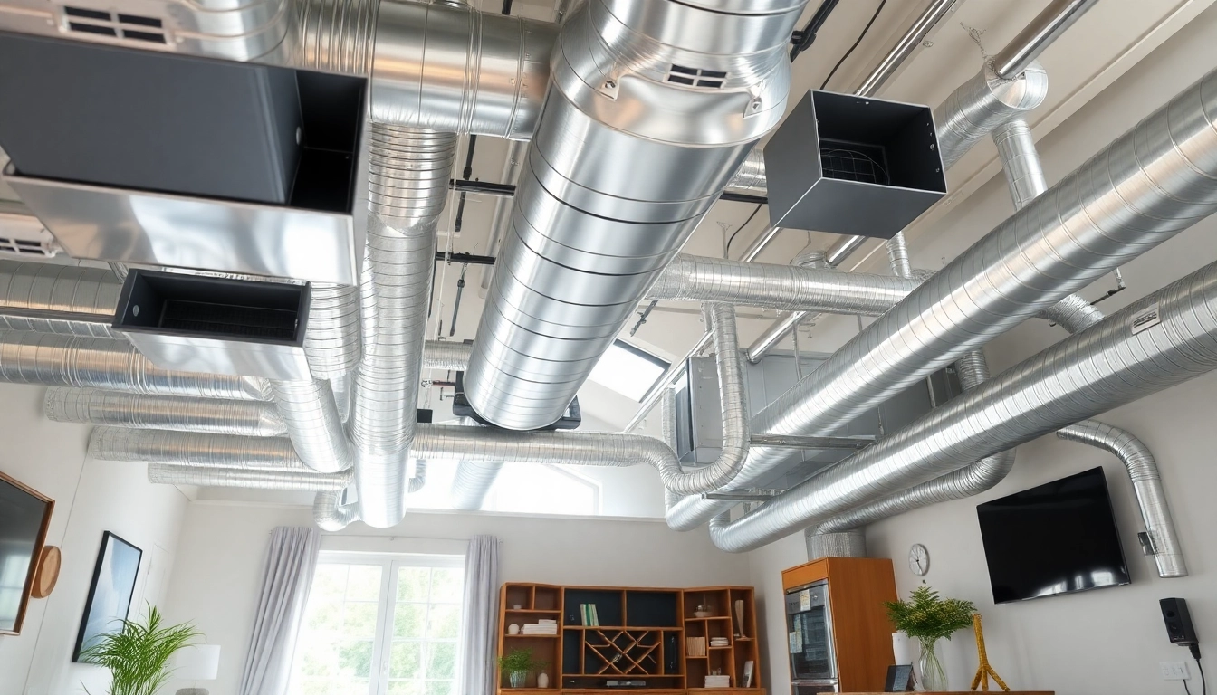Visualize efficient hvac system duct design in a modern home setting with well-organized ducts.