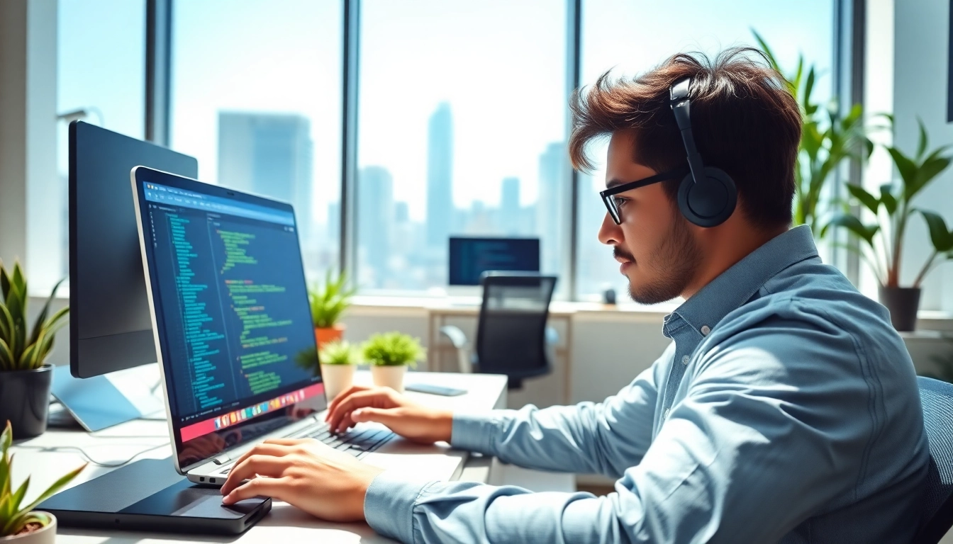Hire Shopify developer working in a modern office with vibrant colors and city views.