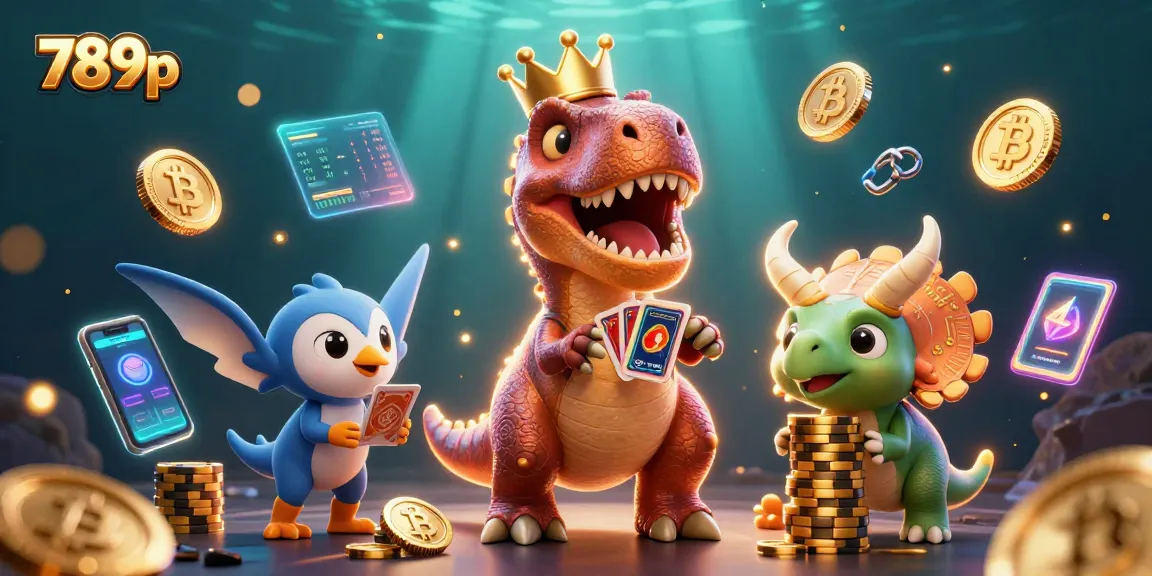 Experience the thrill of 789p casino with a T-Rex shuffling cards in a vibrant 3D scene.