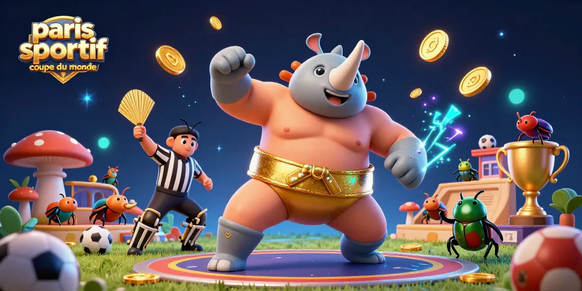 Paris sportif coupe du monde : un champion rhinocéros illustré avec des éléments de paris sportifs, créant un impact visuel captivant.