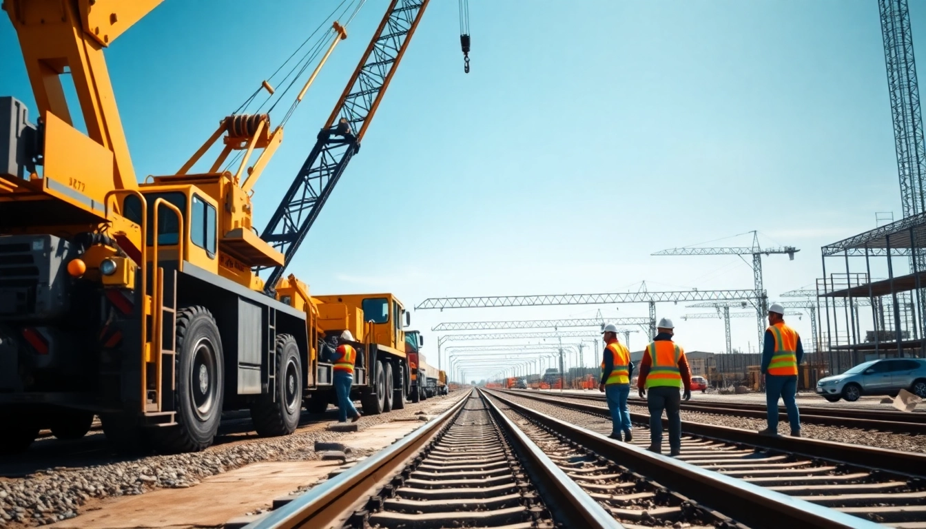 Railroad Construction team utilizing heavy machinery, showcasing a dynamic construction site.