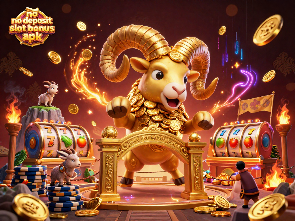 No deposit slot bonus apk visualizes exhilarating gaming scenes with golden ram and vibrant slot elements.