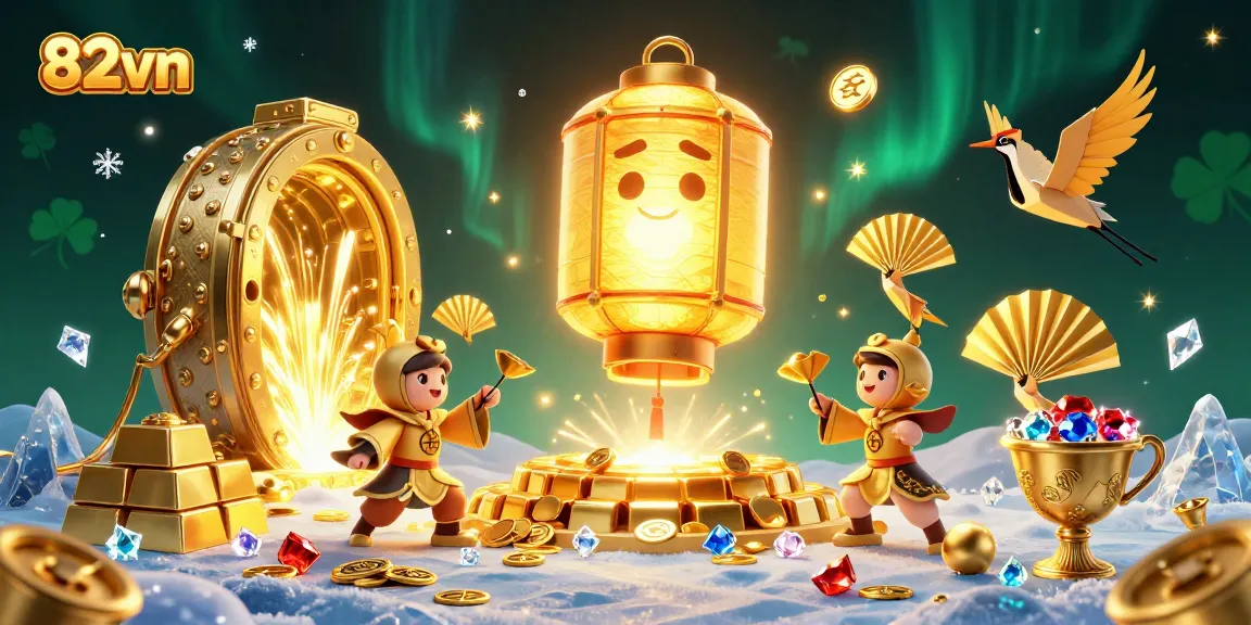 Experience the vibrant action of winning at 82vn with golden whimsical characters and casino riches!