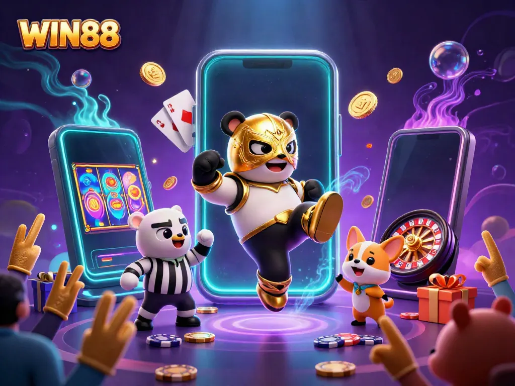 Engage in thrilling gameplay with WIN88 as a panda wrestler showcases excitement amid dazzling casino elements.