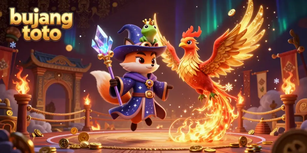 Bujang toto showcases a magical scene with a wizard fox, phoenix, and crown frog in an exciting gaming atmosphere.