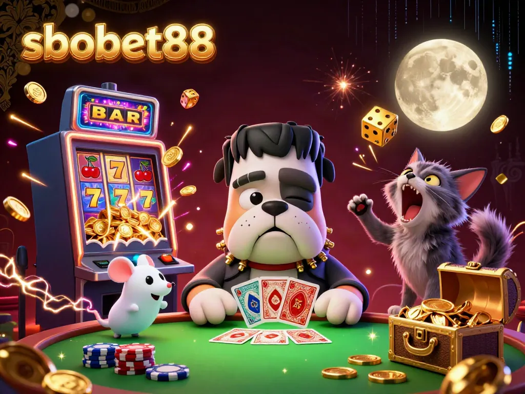 Experience sbobet88's thrilling action with a vibrant 3D illustration of a Frankenstein bulldog dealer and casino excitement.