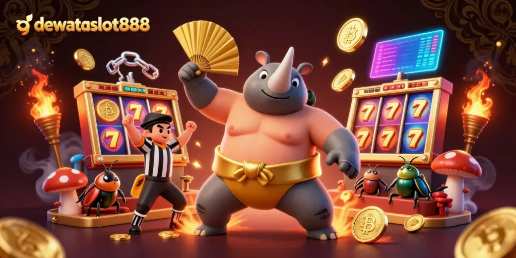 Permainan slot mengasyikkan di dewataslot888, dengan karakter kartun unik dan elemen emas yang bersinar.