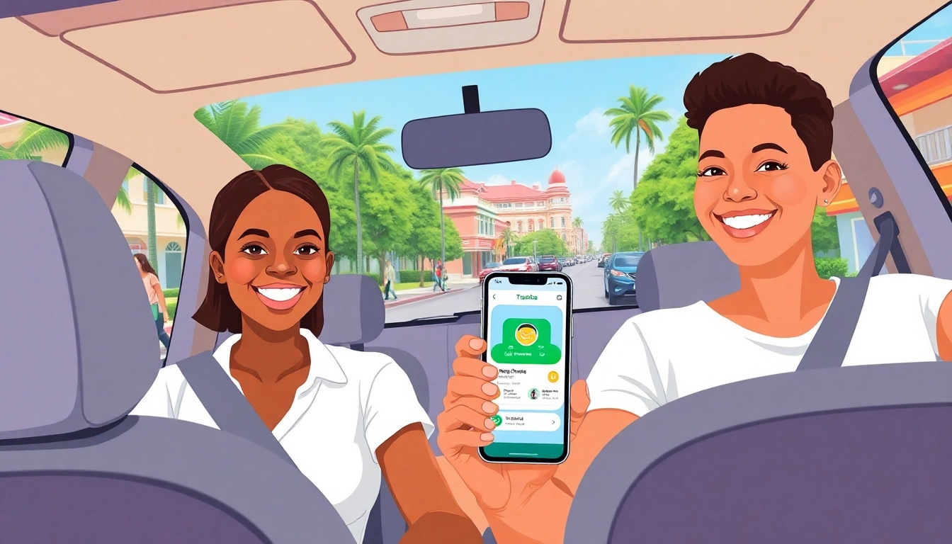 Experience the Uber of Grenada rideshare service with a happy passenger and driver in a vibrant setting.