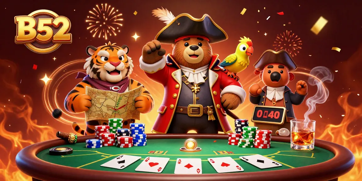 Experience thrilling poker action at B52 with a pirate captain and tiger surrounded by poker elements.