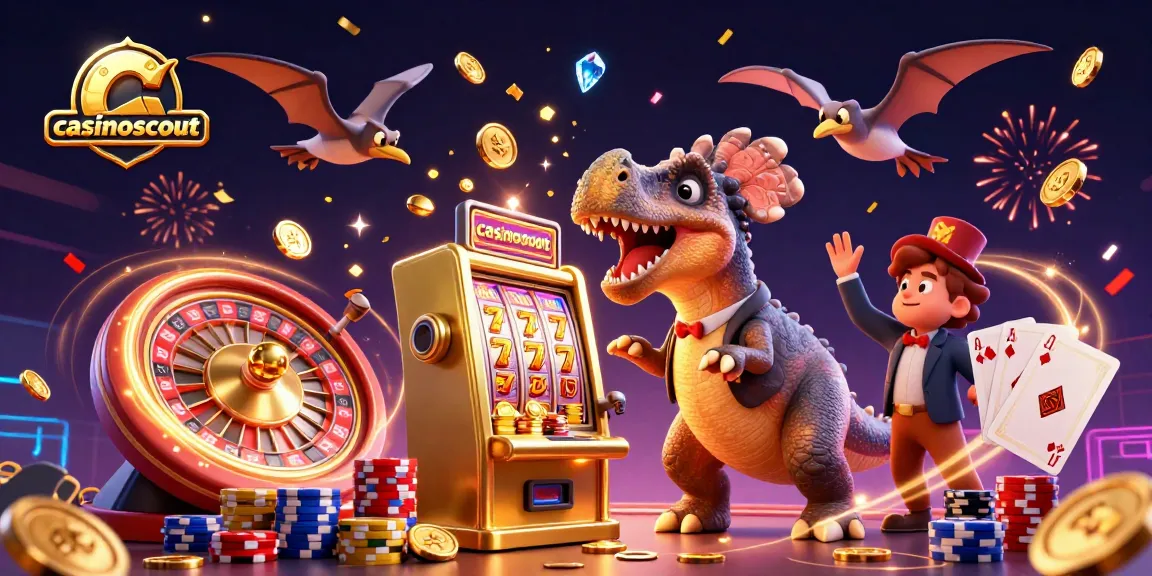 Casinoscout highlights a thrilling scene with cartoon dinosaurs celebrating a slot machine jackpot.