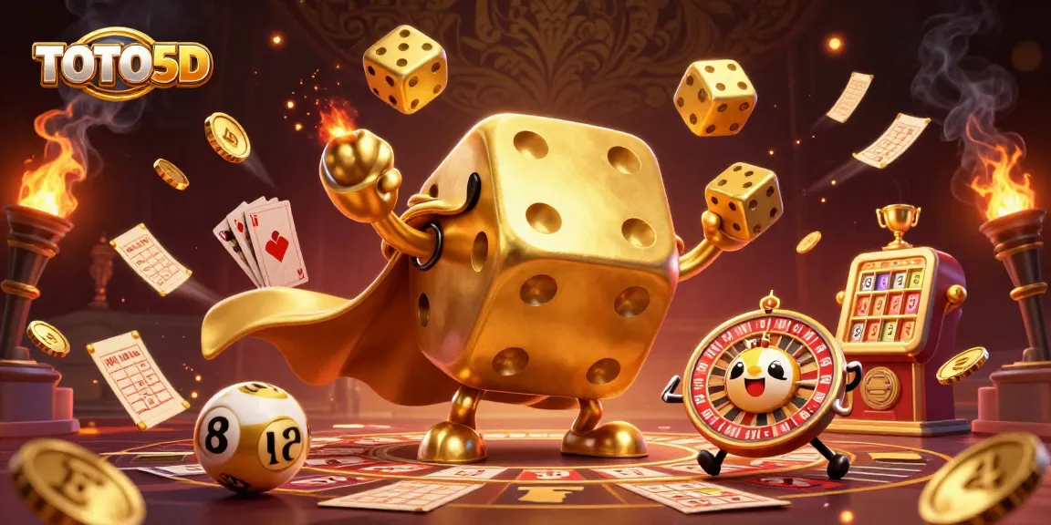 Engage with TOTO5D as a 3D cartoon golden dice golem and lottery elements create a dynamic gaming atmosphere.