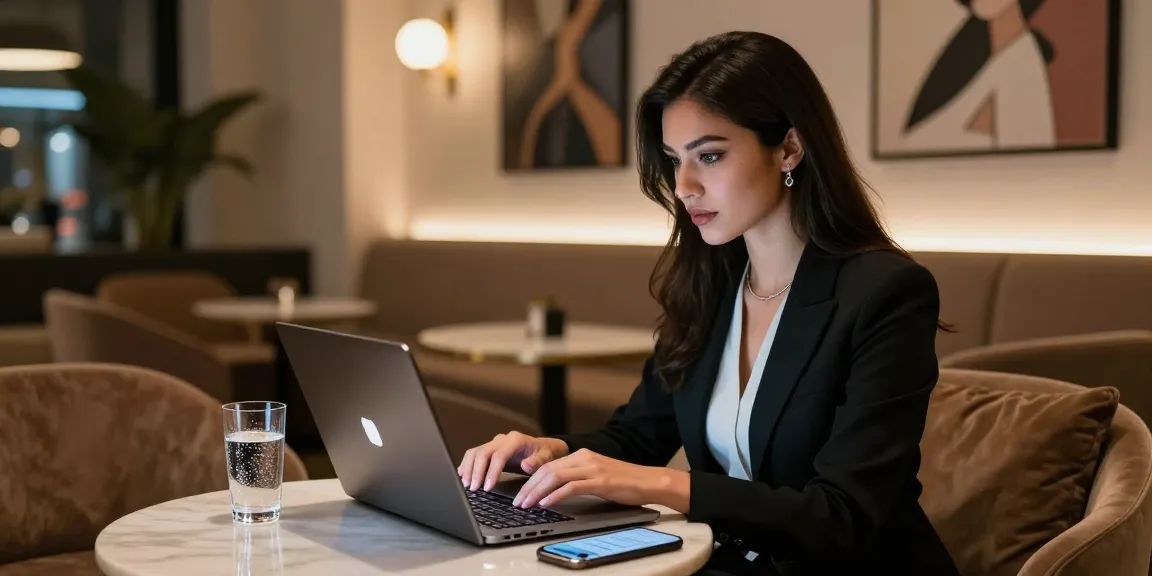Professional escort on Cityescorthub reviewing profile in elegant lounge
