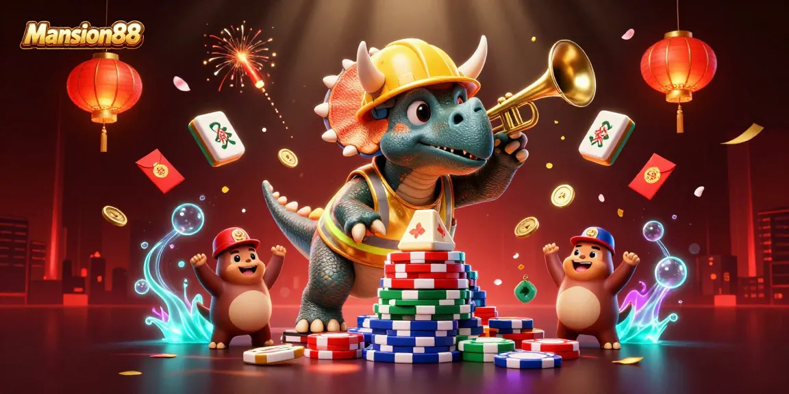 Experience Mansion88’s vibrant casino scene with a dynamic illustration of joyful characters and gaming elements.