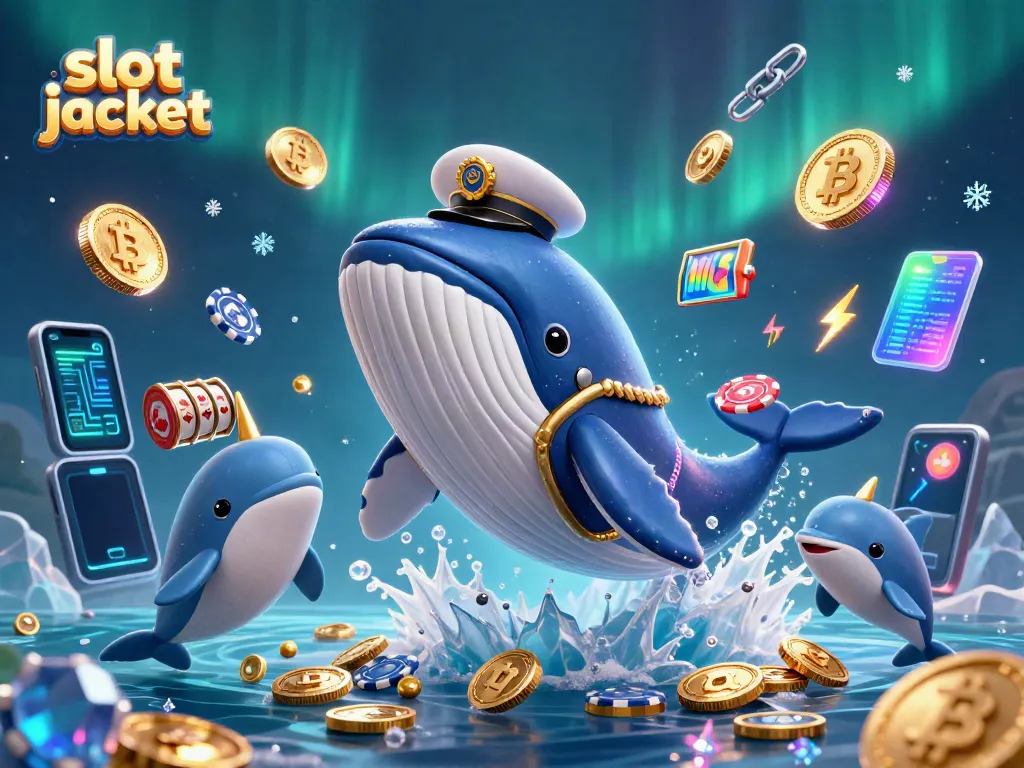 Visualisasi jackpot slot dengan ikan paus 3D dan simbol permainan, dikelilingi koin digital.