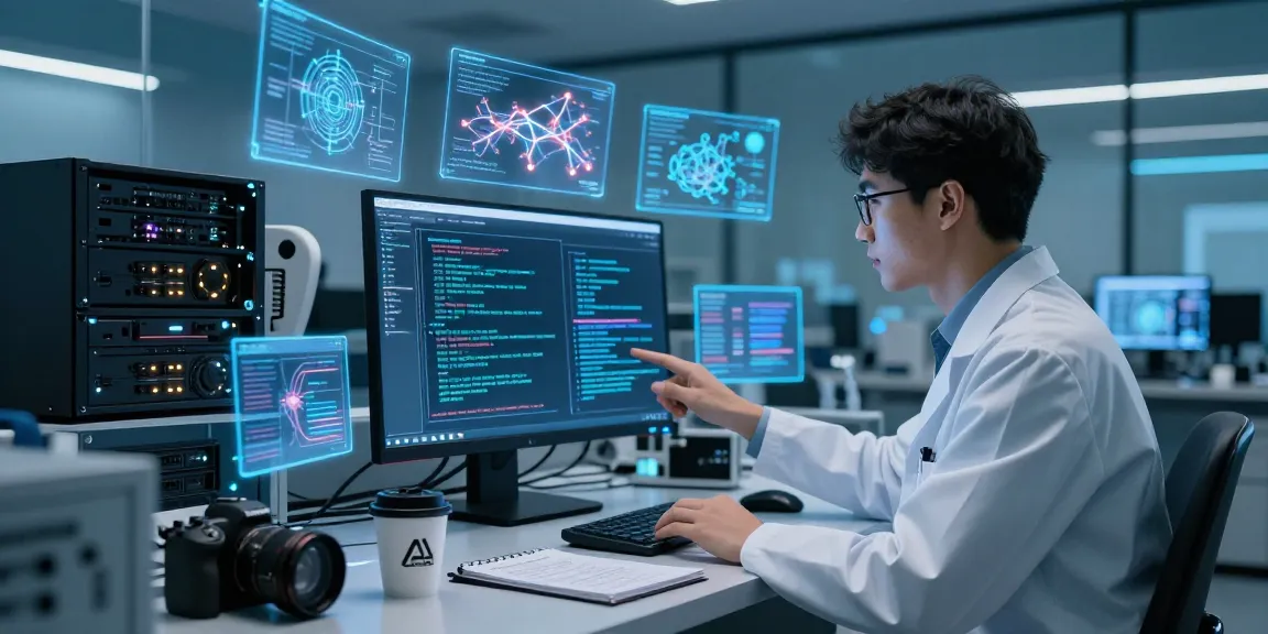 AI Detector laboratory scene with data scientist analyzing AI-generated text and advanced technology elements