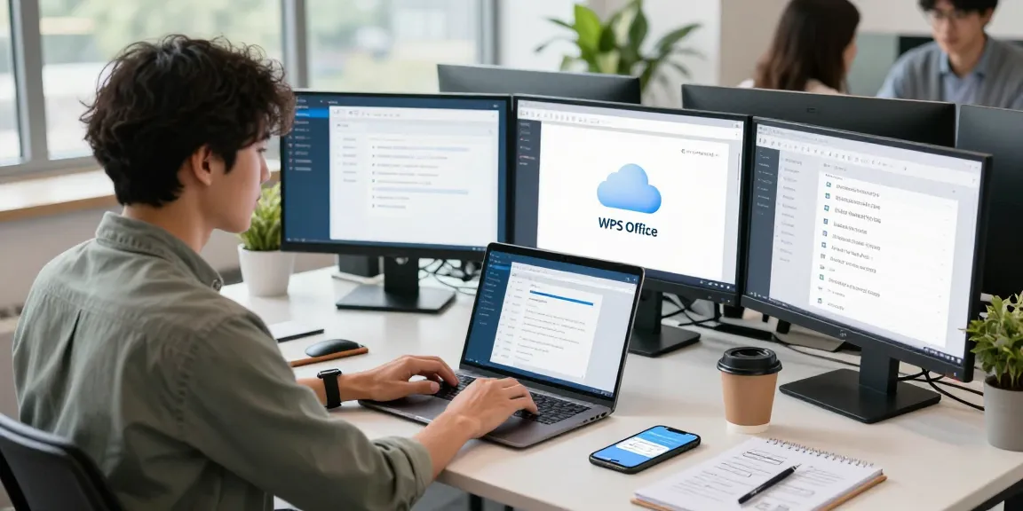 使用WPS Office 下载的现代办公场景，年轻专业人士在共享工作空间中协作，显示文档同步功能。
