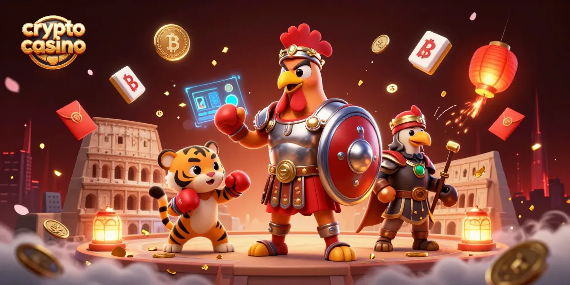 Casino crypto donde un gallo guerrero y un tigre cub, rodeados de monedas, crean emoción y oportunidades de juego.