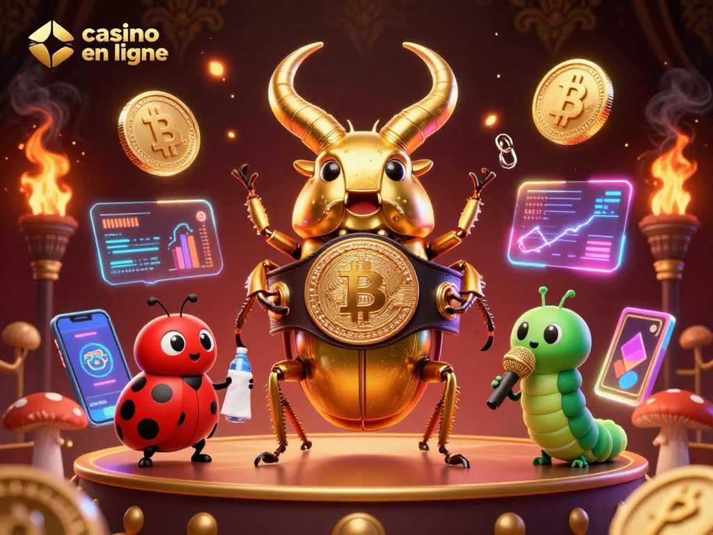 Plongez dans l'univers du casino en ligne avec cette illustration captivante d'un coléoptère doré et de crypto-monnaies.