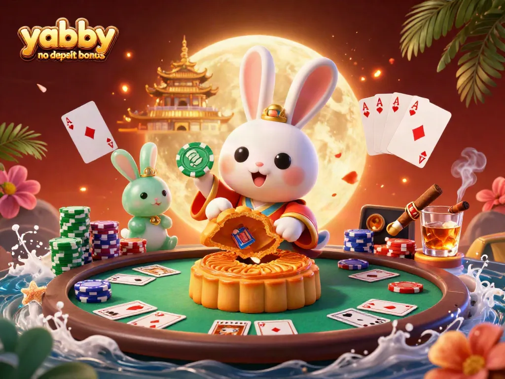 Experience the thrill of the yabby no deposit bonus as a moon rabbit reveals poker chips, celebrating big wins in a vibrant casino scene.