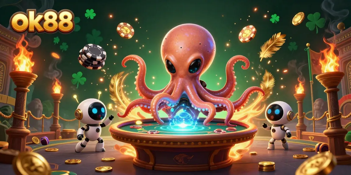 Engage with ok88's thrilling poker adventures featuring a vibrant alien octopus and a lively robot companion.