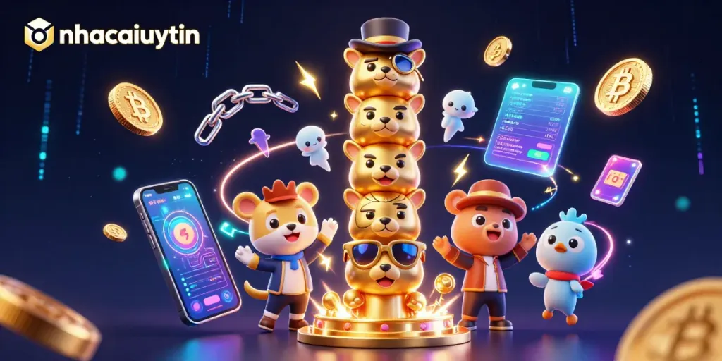 Play at nhacaiuytin with a vibrant 3D casino scene showcasing animated elements and cryptocurrencies.