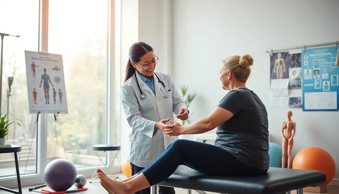 Engaging physiotherapy near me session with a professional therapist helping a patient in a therapeutic setting.