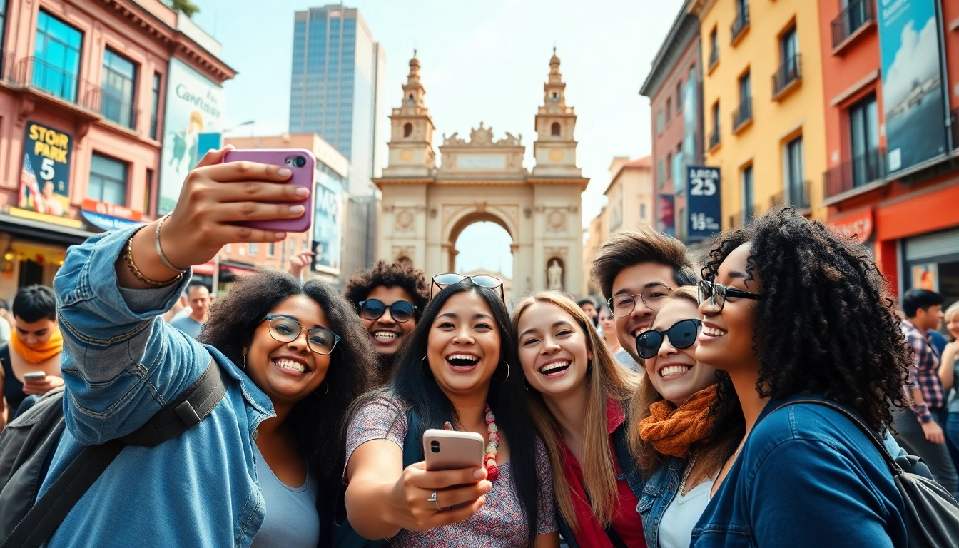 Joyful group taking a Selfie in front of a vibrant city landmark.