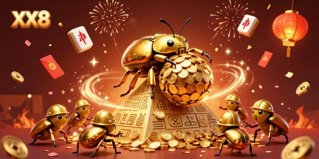 Experience thrilling casino adventures with XX8 as golden beetles roll coins amidst vibrant celebrations.