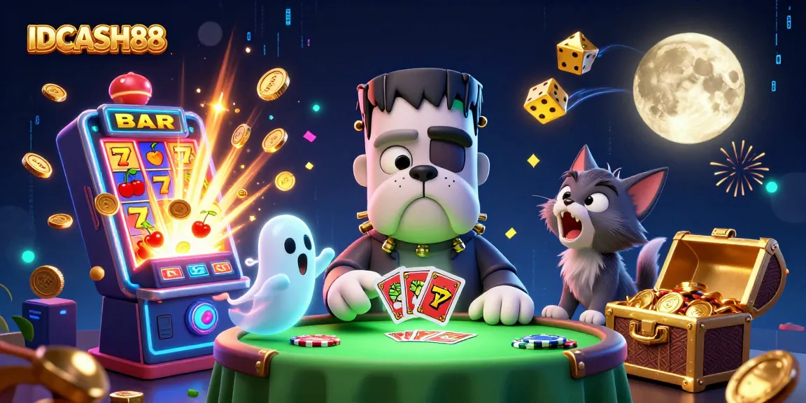 Engage with IDCASH88; a vibrant casino scene featuring card-dealing dog and ghostly elements.