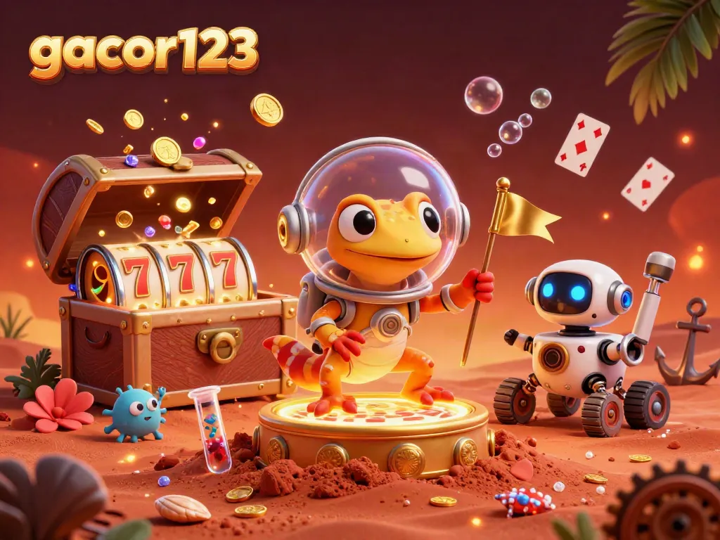 Spin the reels at gacor123's golden casino with a Martian gecko and cheerful aliens!