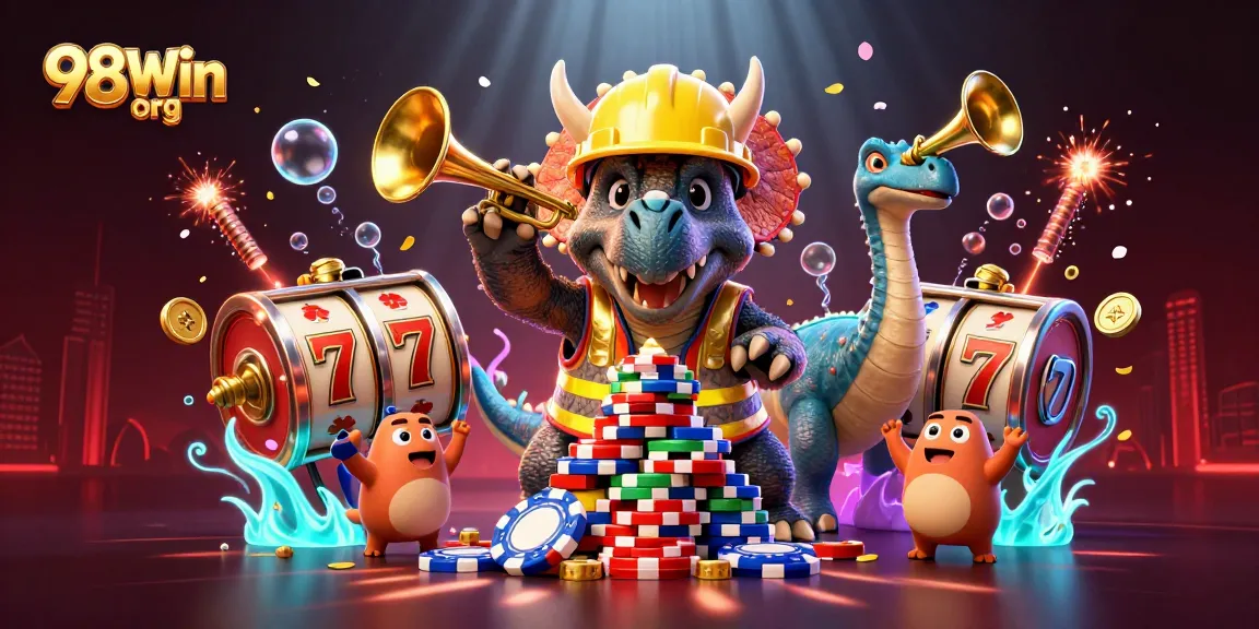 Engage in thrilling gameplay with 98Win org as a triceratops builds poker chips amidst a celebration.