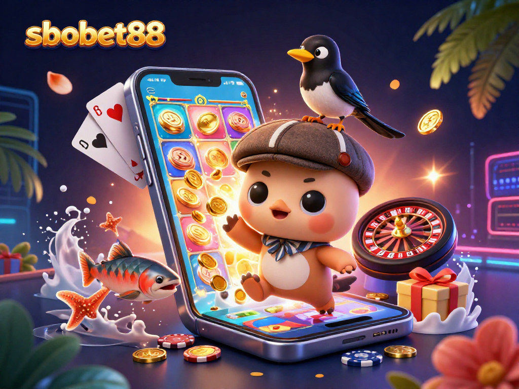 SBOBET88 offers thrilling betting experiences, showcasing a vibrant 3D casino scene filled with dynamic elements.