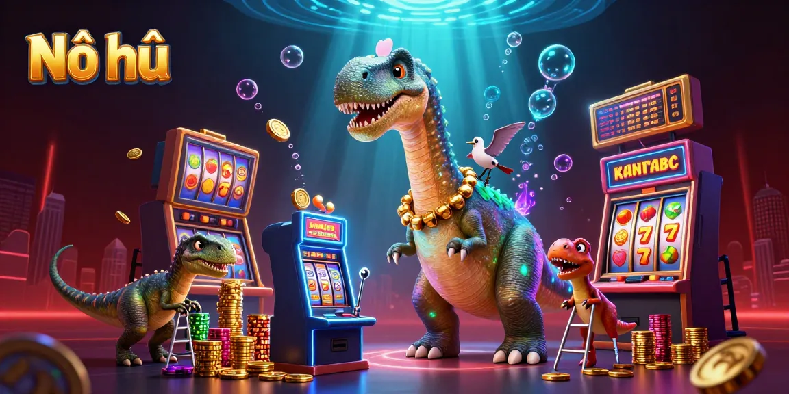 Nổ hũ slots in action as a brontosaurus oversees a clever raptor activating a colorful slot machine.