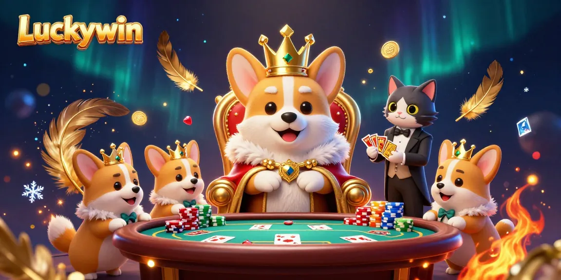 Experience the thrilling poker world with Luckywin featuring a royal corgi on a golden poker chip throne.